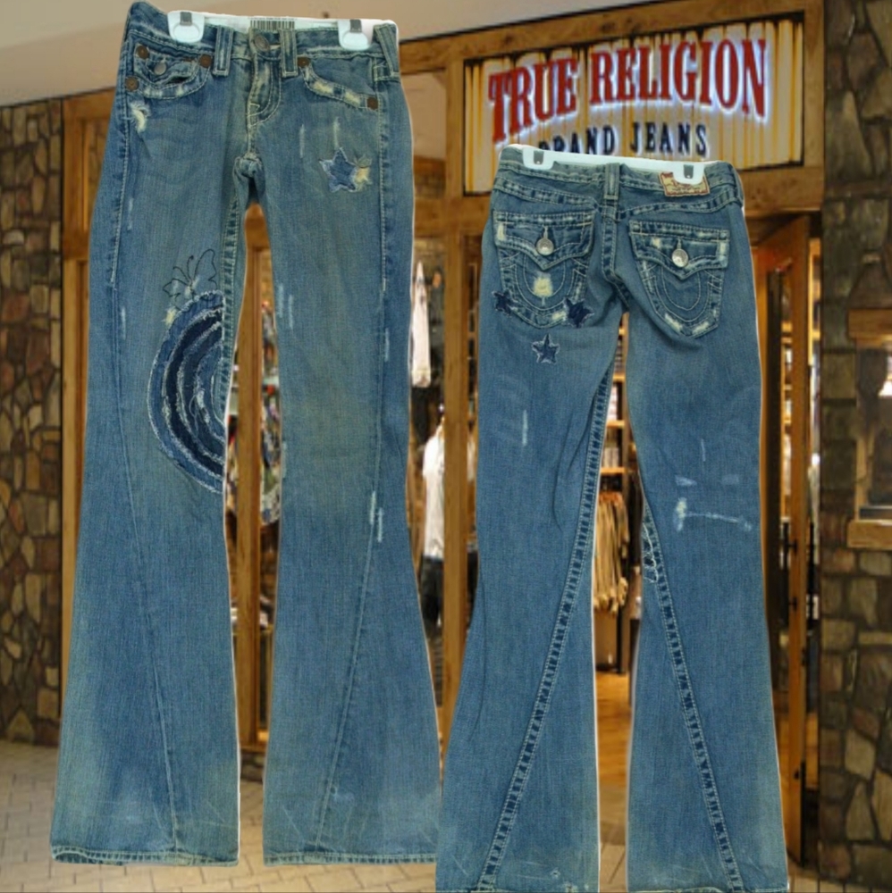 True Religion Women's Blue Distressed Flare Jeans with Star Patch
